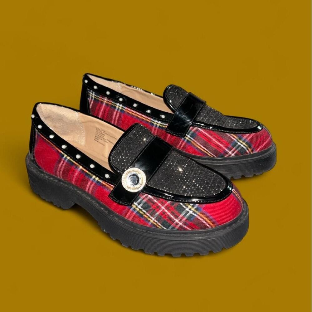 Betsey Johnson Red Plaid Pearl Rhinestone Bow Loafers